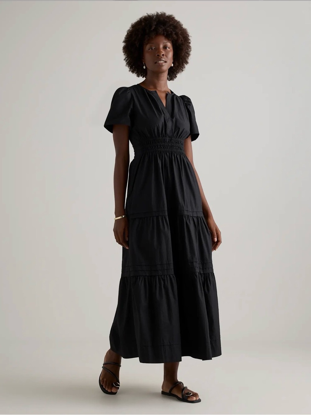 Quince Organic Cotton Poplin Tiered Maxi Dress Black S